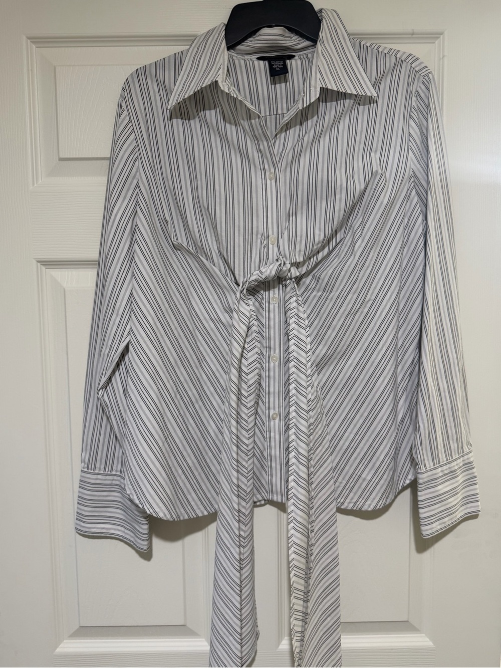 Moda International White Shirt with Black Pinstripes tie front detail size large